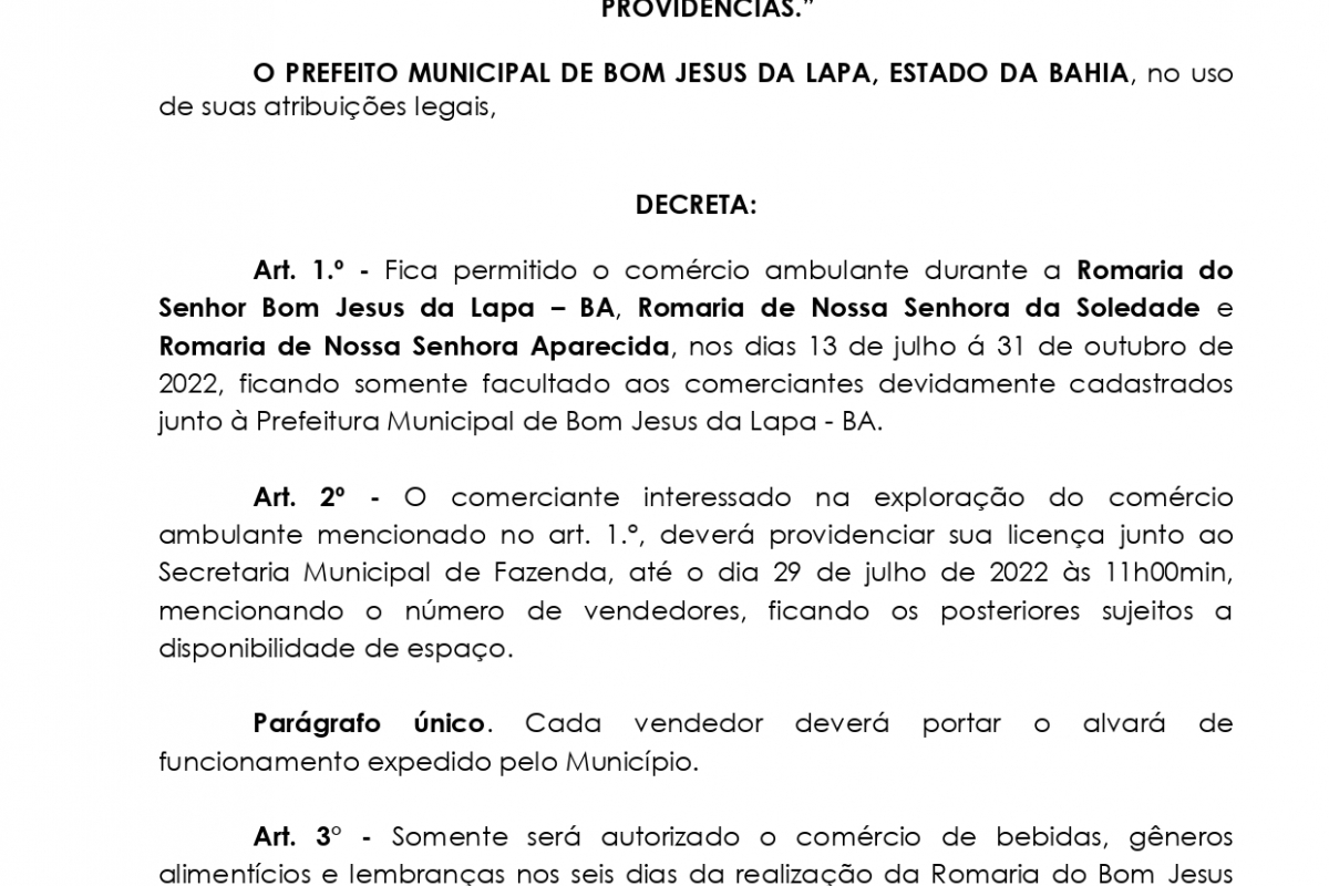 PREFEITURA DE BOM JESUS DA LAPA TEM DECRETO SOBRE O COMÉRCIO AMBULANTE